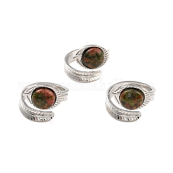 Bracciale ovale unakite naturale, anello aperto avvolgente in foglia di ottone per le donne,  cadmio& piombo libero, platino, misura degli stati uniti 8 1/2 (18.5mm)