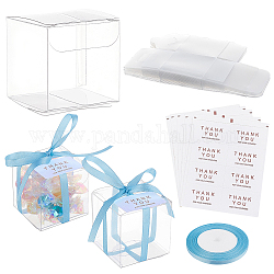 BENECREAT 40Pcs Square PET Clear Party Favor Gift Box, and 25 Yards Single Face Satin Ribbon, 40Pcs Self-Adhesive Thank You Sealing Stickers, Light Blue, Finished Box: 5x5x5cm, Ribbon: 6mm, Sticker: 24x40mm