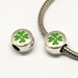 Klee-Legierung Schmelz flachen runden großen Loch European Beads, Antik Silber Farbe, lime green, 12x8 mm, Bohrung: 4.5 mm