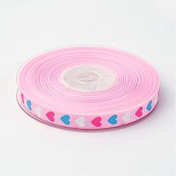 Polyester Grosgrain Ribbon, with Heart Printed, Pink, 3/8 inch(9mm), about 100yards/roll(91.44m/roll)