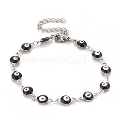 Овальный эмалевый браслет с цепочками от сглаза, 304 украшение из нержавеющей стали для женщин, цвет нержавеющей стали, чёрные, 6-1/2 дюйм (16.5 см)