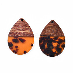 Colgantes de resina transparente y madera de nogal, encanto de lágrima, naranja, 36x24.5x3mm, agujero: 2 mm