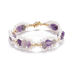 Bracelet en perles d'améthyste naturelle et perles de coquillages, bracelet reiki avec fermoirs magnétiques en laiton, bracelet à maillons en forme d'anneau perlé pour elle, or, 7-3/8 pouce (18.8 cm)