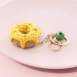 Porte-clés alimentaire au crochet en coton, avec des porte-clés en fer et des fermoirs à pince de homard et une cloche, donut, 13x4.8 cm