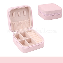 Caja cuadrada de joyería de cuero pu, joyero portátil de viaje, cajas de almacenamiento con cremallera, para collares, anillos, pendientes y colgantes, rosa brumosa, 10x10x5 cm