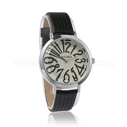 Reloj de pulsera de cuero de imitación relojes de cuarzo, con la cabeza del reloj de la aleación, movimiento de reloj de pc de Japón, Platino, negro, 230x14mm, Cabeza del reloj: 41.5x35x10 mm