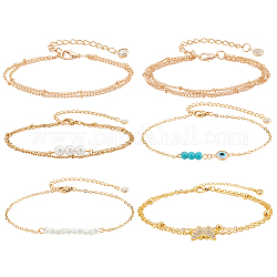 PandaHall Elite 5Pcs 5 Style Alloy Satellite & Curb Chains Multi-strand Bracelets Set, with 1Pc Clear Glass Butterfly Link Anklet, Evil Eye & Synthetic Turquoise Beaded Stackable Bracelets for Women, Golden, 6-1/2 inch(16.5cm)~8-3/4 inch(22.3cm), 1Pc/style