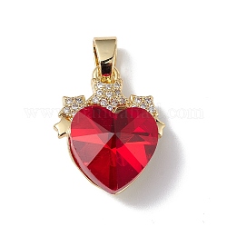 Real 18K Gold Plated Rack Plating Brass Micro Pave Clear Cubic Zirconia Pendants, with Glass, Long-Lasting Plated, Cadmium Free & Lead Free, Heart with Star Charm, Red, 19.5x15.5x8mm, Hole: 6x3mm