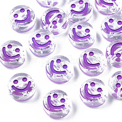 Perles en acrylique transparente, trou horizontal, avec poudre scintillante et émail, plat rond avec le visage de sourire, violet foncé, 10x5mm, Trou: 2mm, environ 1600 pcs/500 g