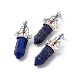 Gros pendentifs teints en lapis-lazuli naturel, breloques de balle à facettes 7 chakra, avec accessoires en laiton plaqué platine et strass colorés, sans cadmium et sans plomb, 55x22.5x16mm, Trou: 8x5mm