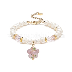 Lampwork Flower Charm Bracelet, Natural Pearl & Glass Beaded Dainty Bracelet for Women, Violet, 7-1/2 inch(19cm)