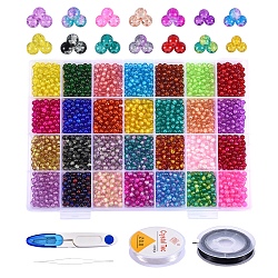 DIY Stretch Bracelet Making Kits, 2380Pcs 28 Colors Spray Painted Crackle Glass Beads, 2 Rolls Elastic Crystal Thread, Sewing Scissors & Stainless Steel Beading Needles, Mixed Color, 6mm, Hole: 1.3~1.6mm, 12 colors, 85pcs/color, 2380pcs