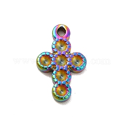 Ion Plating(IP) 304 Stainless Steel Pendant Rhinestone Settings, Religion Cross, Rainbow Color, Fit For 2mm Rhinestone, 15.5x9.5x2mm, Hole: 1.2mm