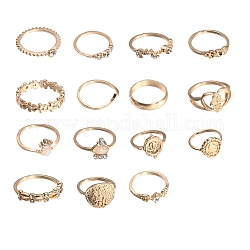 15pcs 15 stile fiore e mano di hamsa e anelli di barretta ovali e incrociati in lega, anelli impilabili per le donne, oro, diametro interno: 16~18mm, 1pc / style