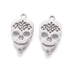201 Stainless Steel Links, Manual Polishing, Sugar Skull, For Mexico Holiday Day of the Dead, Stainless Steel Color, 20x10.5x1.5mm, Hole: 1.6mm