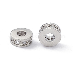 Brass Spacer Beads, with Crystal Rhinestone, Flat Round, Platinum, 7x3~3.7mm, Hole: 3.4mm