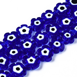 Handmade Lampwork Beads Strands, Flower with Evil Eye, Medium Blue, 10~13x10~13x3~4.5mm, Hole: 0.9mm, about 36~37pcs/strand, 15.35 inch~15.94 inch(39~40.5cm)
