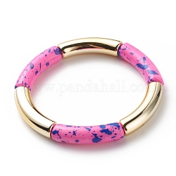 Bracelet extensible perlé tube incurvé acrylique, gros bracelet d'amitié en bambou pour femme, rose foncé, diamètre intérieur: 2-1/8 pouce (5.3 cm)