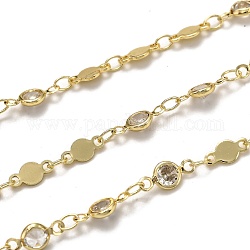 Brass Link Chains, with Clear Cubic Zirconia, Spool, Long-Lasting Plated, Soldered, Golden, Links: 8x4.1x0.6mm and 10.1x4.6x2.2mm