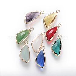 Glass Pendants, with Brass Findings, Faceted, teardrop, Mixed Color, 22x9.5x4.5mm, Hole: 2.5mm