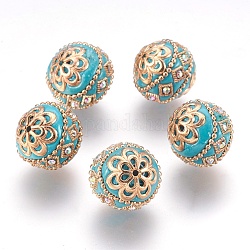 Handmade Indonesia Beads, with Metal Findings, Round, Light Gold, Sky Blue, 19.5x19mm, Hole: 1mm
