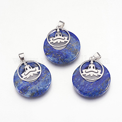 Pendentifs en lapis lazuli naturel, avec les accessoires en laiton de tonalité de platine, plat rond avec bouddha, 32x28x7mm, Trou: 4x5mm