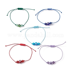 Natural & Synthetic Mixed Gemstone Braided Bead Bracelet, Evil Eye Lampwork Adjustable Bracelet, Inner Diameter: 3/8~3-3/8 inch(1~8.5cm)