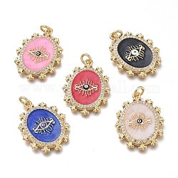 Brass Micro Pave Clear Cubic Zirconia Pendants, with Enamel and Jump Rings, Real 18K Gold Plated, Oval, Mixed Color, 26.5x20x2.5mm, Hole: 3mm