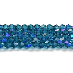 Transparent galvanisieren Glasperlen Stränge, ab Farbe plattiert, facettiert, Doppelkegel, Stahlblau, 4x4 mm, Bohrung: 0.8 mm, ca. 87~98 Stk. / Strang, 12.76~14.61 Zoll (32.4~37.1 cm)