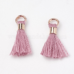 Décorations pendentif pompon en polycoton (coton polyester), mini pompon, avec les accessoires en laiton, or clair, vieille rose, 10~15x3~4mm, Trou: 2mm