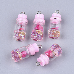 Glasflasche Anhänger Dekorationen, mit Harz Strass & Stopper, Trockenblumen- und Eisenfunde, Platin Farbe, Perle rosa, 26~27x9.5~10 mm, Bohrung: 1.8 mm
