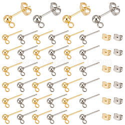 PandaHall Elite 100Pcs 2 Color 304 Stainless Steel Ball Stud Earring Post, Earrings Findings, with Vertical Loops & 100Pcs Ear Nuts, Golden & Stainless Steel Color, 15x7x4mm, Hole: 1.7~2mm, Pin: 0.8mm, 50Pcs/color