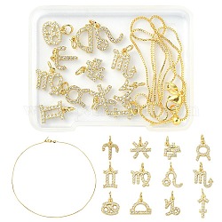 Bausatz für Halsketten mit 12 Konstellationen zum Selbermachen, inklusive Messing Micro Pave Zirkonia Charms, venezianische Halsketten aus Messing, echtes 18k vergoldet, 13 Stück / Karton