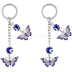 CRASPIRE 2Pcs Rhinestone Butterfly Keychains Pendants Blue Evil Eey Glass Beads Keychain Alloy Antique Silver Platinum Car Key Ring Charm with Hoop Universal Gifts for Women Wallet Decor