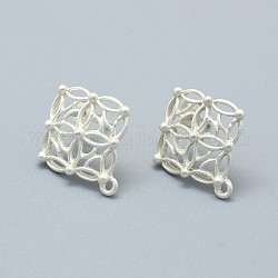 Alloy Stud Earring Findings, with Loop, Brass Pins and Ear Nuts/Earring Backs, Long-Lasting Plated, Rhombus, Matte Silver, 21.5x19mm, Hole: 1.4mm, Pin: 0.7mm