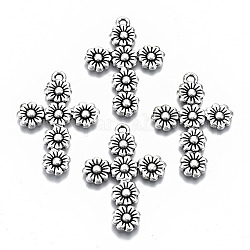 Pendente in lega stile tibetano, croce con fiore,  cadmio& piombo libero, argento antico, 37x26x2mm, Foro: 1.8 mm, circa 300pcs/1000g
