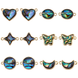 SUPERFINDINGS 12Pcs 6 Styles Paua Shell Connector Charms, with Brass Findings, Heart & Butterfly & Flat Round, Mixed Shapes, Golden, 7~10x13.5x2~2.5mm, Hole: 1mm, 2pcs/style