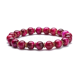 Natürliches Tigerauge rundes Perlen-Stretch-Armband, Steinarmband mit Zwischenperlen aus Gänseblümchenlegierung für Frauen, golden, Medium violett rot, Innendurchmesser: 2 Zoll (5.2 cm)