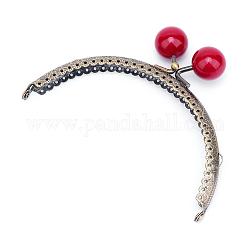 Iron Purse Frames Handles, Kiss Clasp Locks, with Round Acrylic Beads, Arch, Antique Bronze, Dark Red, 71x85x11mm, Hole: 1.5mm, Bead: 20mm