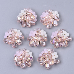 Handmade Woven Glass Cabochons, with Faceted Glass Beads and Light Gold Plated Brass Perforated Disc Settings, Flower, Pearl Pink, 23~25x23~25x8~10mm