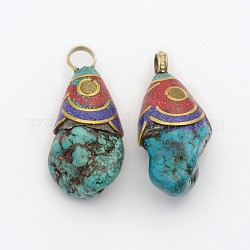 Handmade Tibetan Style Teardrop Pendants, Brass Enamel Findings with Imitation Turquoise, Antique Golden, Red, 45~50x21x16mm, Hole: 6mm