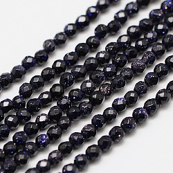 Chapelets de perles en pierre d'or bleue synthétique, ronde à facettes, 3mm, Trou: 0.8mm, Environ 136 pcs/chapelet, 16 pouce