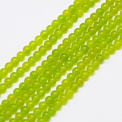 Chapelets de perles en jade de Malaisie naturelle, perles rondes teints, jaune vert, 4mm, Trou: 1mm, Environ 90 pcs/chapelet, 14.8 pouce