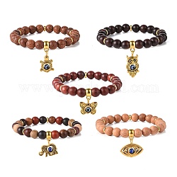 Bracciali di legno perline, lega i braccialetti di fascino del gufo/toitorse/elefante/occhio/farfalla per le donne, colore misto, diametro interno: 2-1/4 pollice (5.7 cm), 5 pc / set