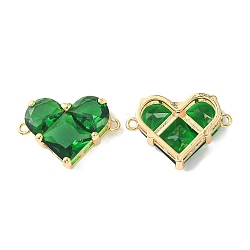 Ciondoli connettore in ottone con pavé di zirconi cubici, link del cuore, vero placcato oro 18k, verde, 18.5x26x7.5mm, Foro: 1.6 mm