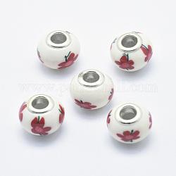 Perles européennes artisanales en pâte de polymère, avec noyaux en laiton plaqué couleur argent, Perles avec un grand trou   , rondelle avec motif de fleurs, rouge, 13~16x8~11mm, Trou: 4.5~5mm