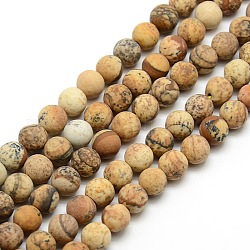 Frosted Natural Picture Jasper Round Bead Strands, 6mm, Hole: 1mm, about 63~65pcs/strand, 14.9~15.6 inch