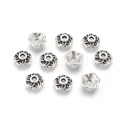 Tibetischen Stil Legierung Perlenkappen, Cadmiumfrei und Nickel frei und Bleifrei, Blume, Antik Silber Farbe, 9x3 mm, Bohrung: 1 mm