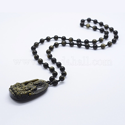 Collares con cuentas de obsidiana natural, con colgantes de obsidiana de brillo dorado, Buda, 24 pulgada (61 cm)
