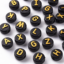 Opaque Black Acrylic Beads, Metal Enlaced, Horizontal Hole, Cube with Random Letters, Golden Plated, 10x6mm, Hole: 2mm, about 1560pcs/500g